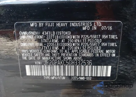 2016 Subaru Crosstrek 2.0I Limited z USA, uszkodzony, nr VIN JF2GPAKC5GH332536